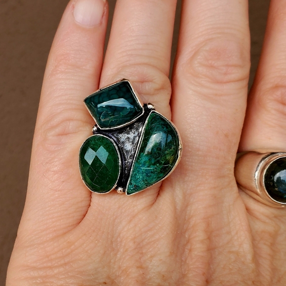 New Chrysocolla, Dragon Veins Agate, Emerald 925 Silver Ring. - Picture 13 of 16